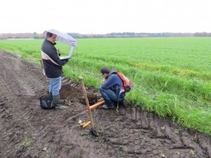 Ruud Bartholomeus (KWR) en Wilco Terink (FutureWater) kontroleren een automatische grondwaterstand-sensor/logger te KAD-proeflokatie Marwijksoord (foto Gé van den Eertwegh)