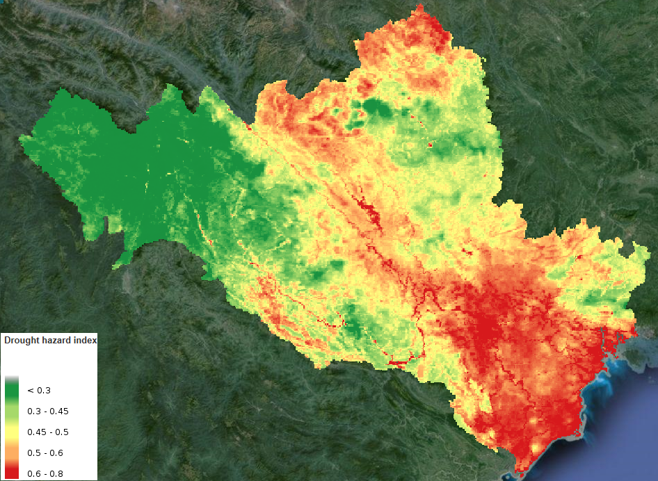 Drought Hazard Index map of the Red River Basin, as computed by the FutureWater DMIAT.