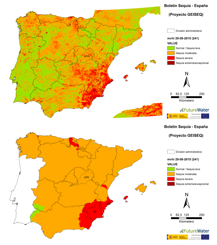 Figure 3. Drought Severity Levels for the Multitemporal Vegetation Health Index computed at 29/08/2015. Spatially-distributed map (top panel) or aggregated according to the Spanish water resource systems (low panel).