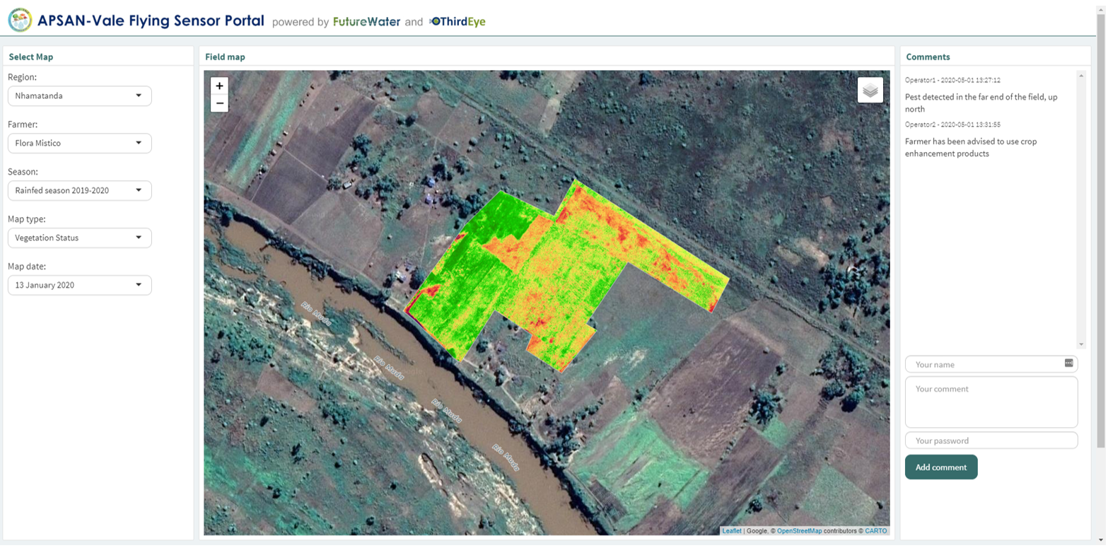 Screenshot of the APSAN-Vale Flying Sensor Portal, showing the option to select a map on the left side, the vegetation status map in de middle and some example comments in the right section.